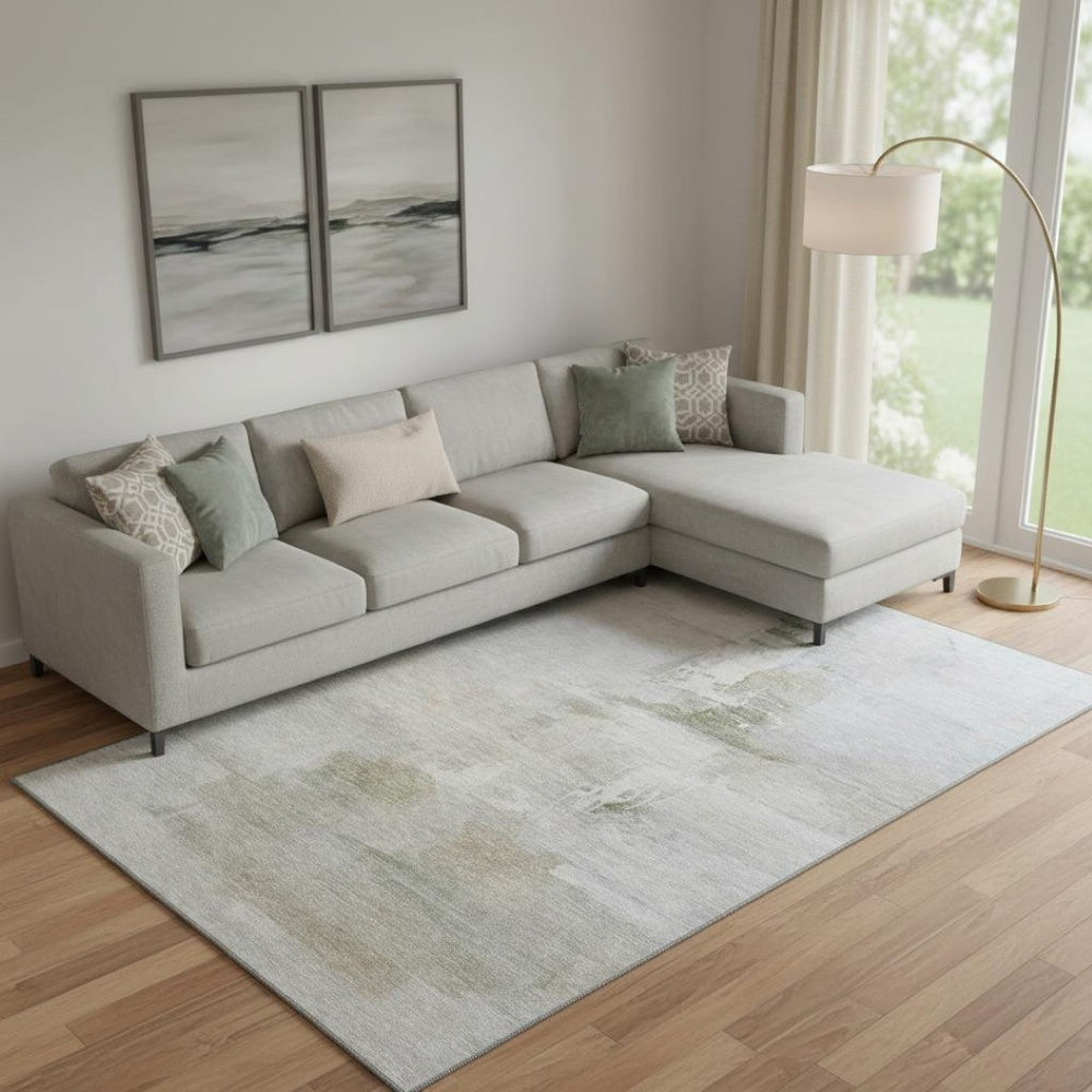 HomeRoots 9' X 12' Linen and Ivory Abstract Area Rug - Washable, UV Protected, Modern Design for Any Space 715686