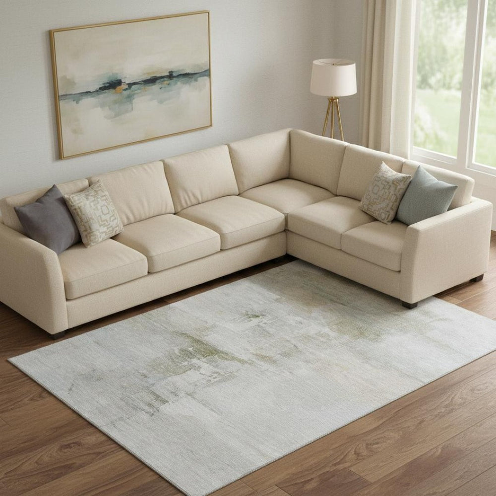 HomeRoots 10' X 14' Linen and Ivory Abstract Area Rug - Stylish, Washable, UV-Protected for Family Spaces! 715687