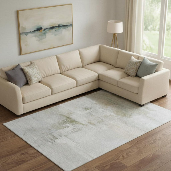 HomeRoots 10' X 14' Linen and Ivory Abstract Area Rug - Stylish, Washable, UV-Protected for Family Spaces! 715687