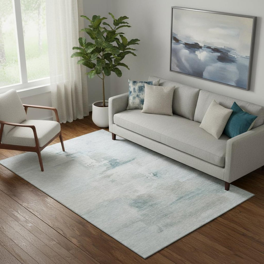 HomeRoots 8' Sky Blue & Ivory Abstract Washable Rug with UV Protection – Durable, Stylish, Family-Friendly Decor 715690