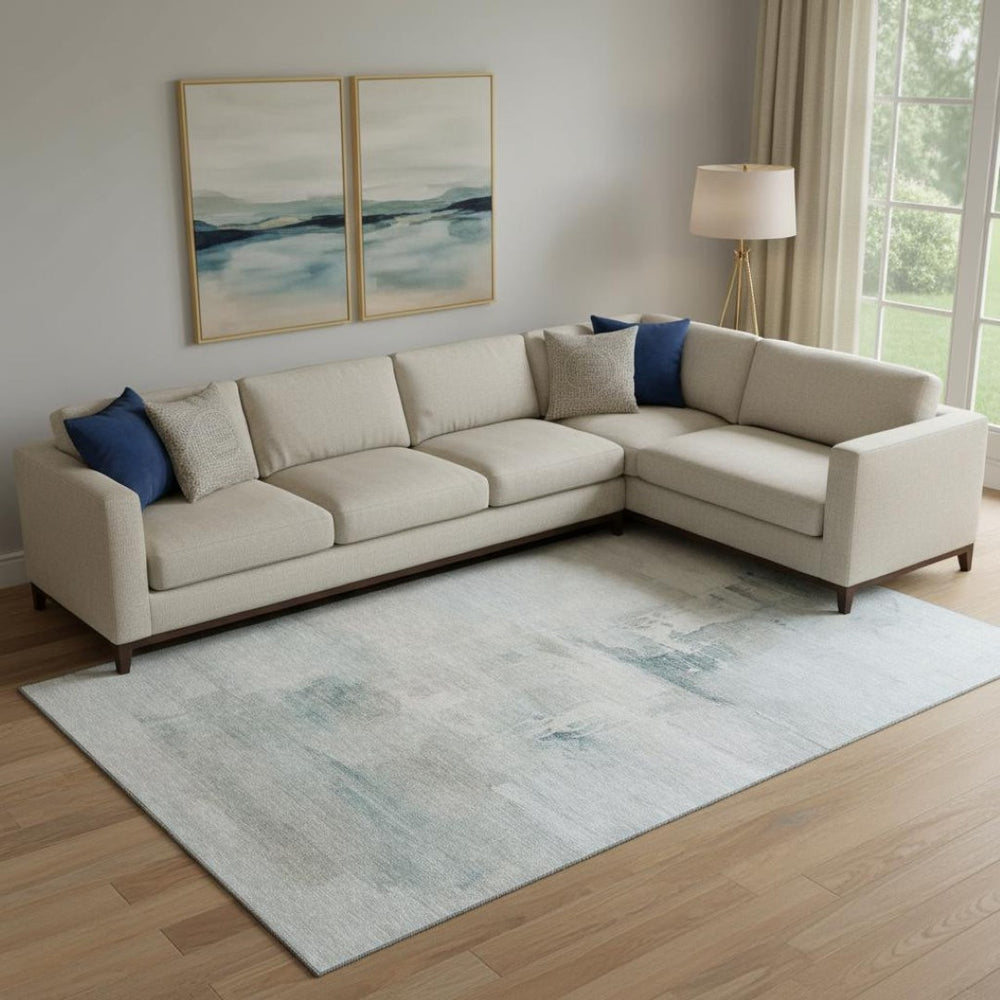 HomeRoots 10' X 14' Sky Blue and Ivory Abstract Area Rug - Durable, Washable, UV-Protected for Modern Homes 715693