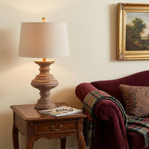 27 Inch Brown Urn Table Lamp with Fabric Drum Shade for Bedroom Nightstand Decor