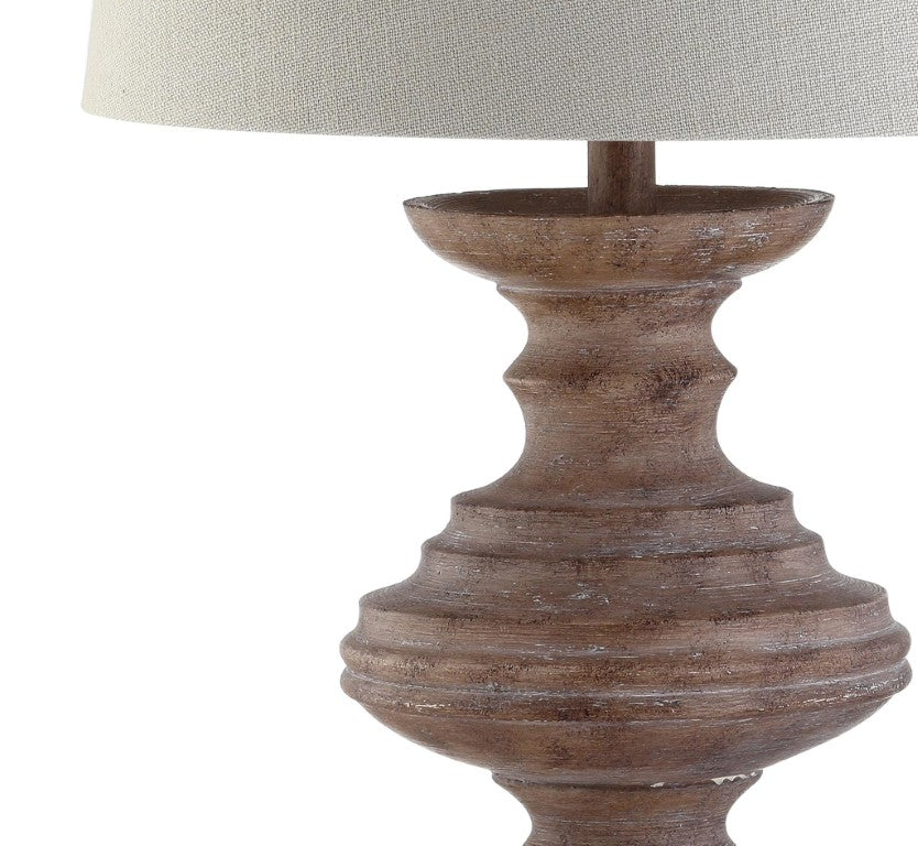 27 Inch Brown Urn Table Lamp with Fabric Drum Shade for Bedroom Nightstand Decor
