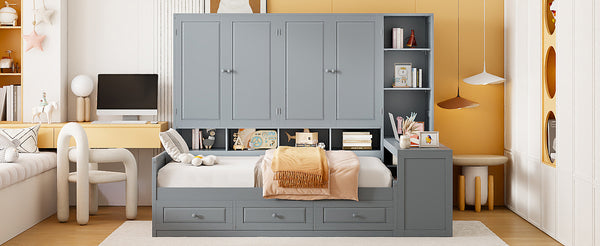 English Elm Full Size Wooden Daybed With Desk, Drawers, Shelves – Stylish Space-Saving Solution In Gray! N820S00055E