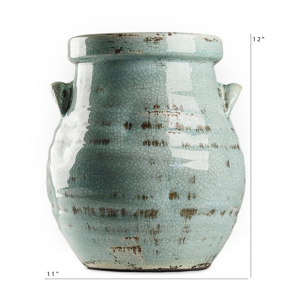 Zentique Distressed Blue Ceramic Vase with Handle — Hand-Distressed Coastal Accent for Rustic, Farmhouse, Eclectic Decor W11 x H12 x D11 7156 M Blue