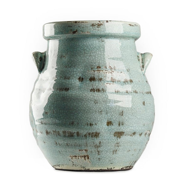 Zentique Distressed Blue Ceramic Vase with Handle — Hand-Distressed Coastal Accent for Rustic, Farmhouse, Eclectic Decor W11 x H12 x D11 7156 M Blue