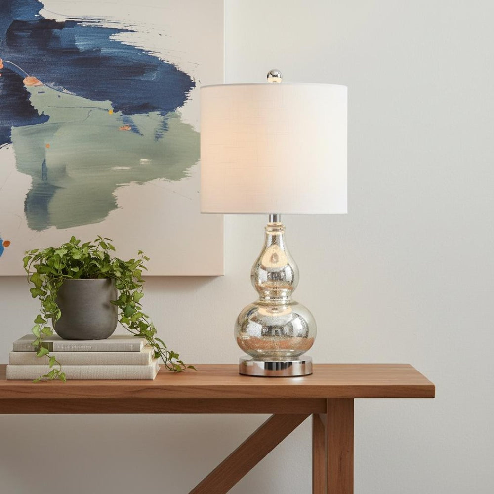 HomeRoots Set of Two 21" Silver Gourd Desk Lamps - Elegant LED Lighting with Linen Drum Shades for Style 715721