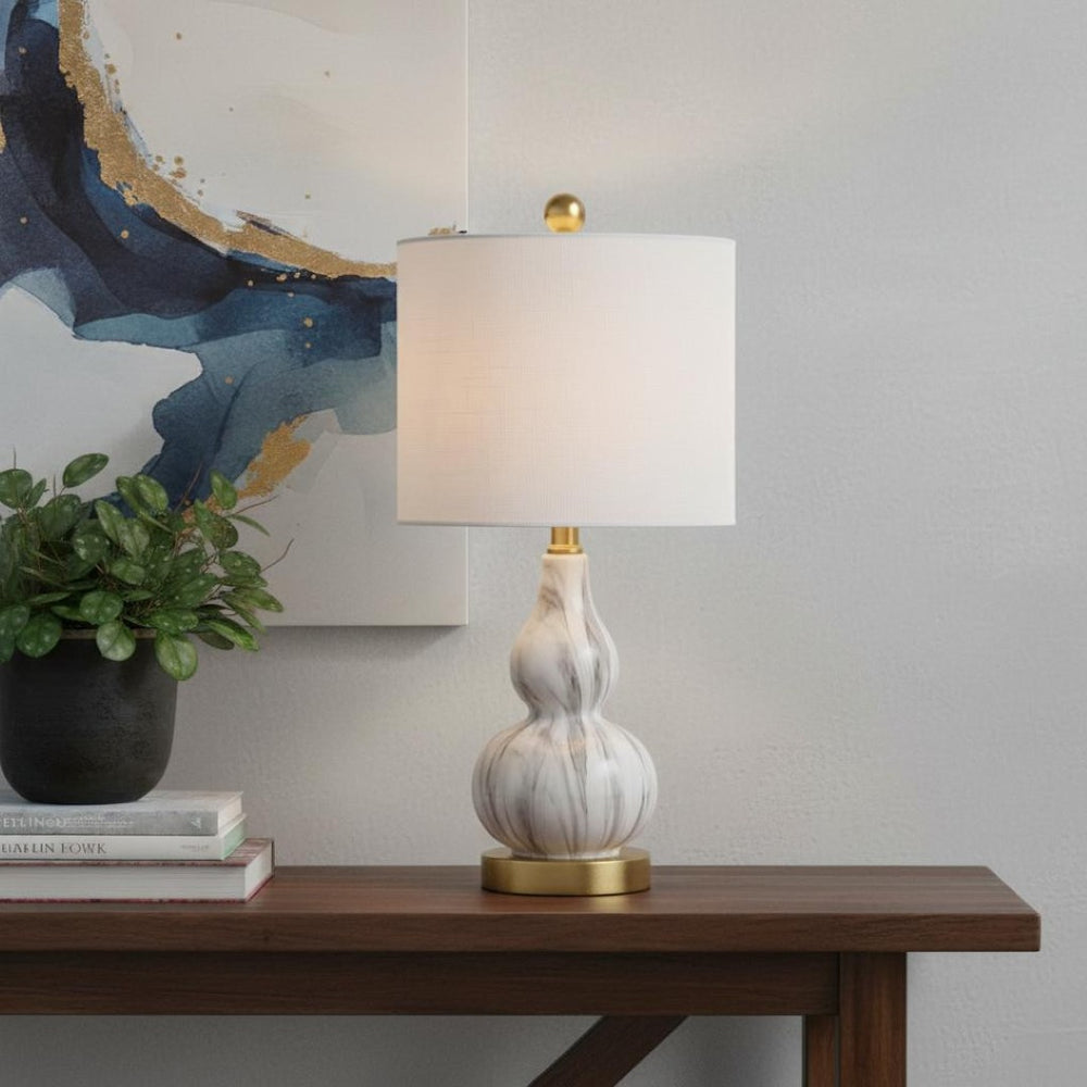 HomeRoots Set of Two 21" Gold Gourd Desk Lamps with Linen Drum Shades for Elegant Home Office Lighting 715723
