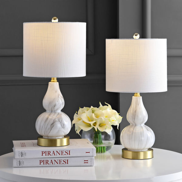 HomeRoots Set of Two Elegant 21" Gold Gourd Desk Lamps with Soft White Drum Shades for Stylish Illumination 715726