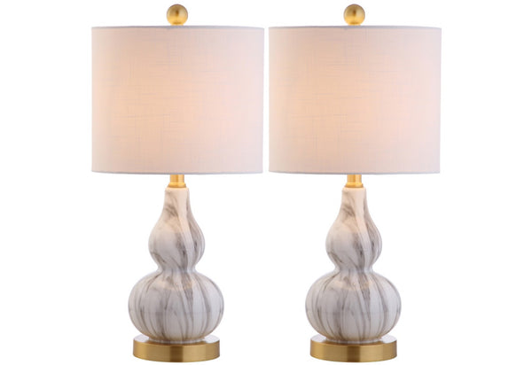 HomeRoots Set of Two Elegant 21" Gold Gourd Desk Lamps with Soft White Drum Shades for Stylish Illumination 715726