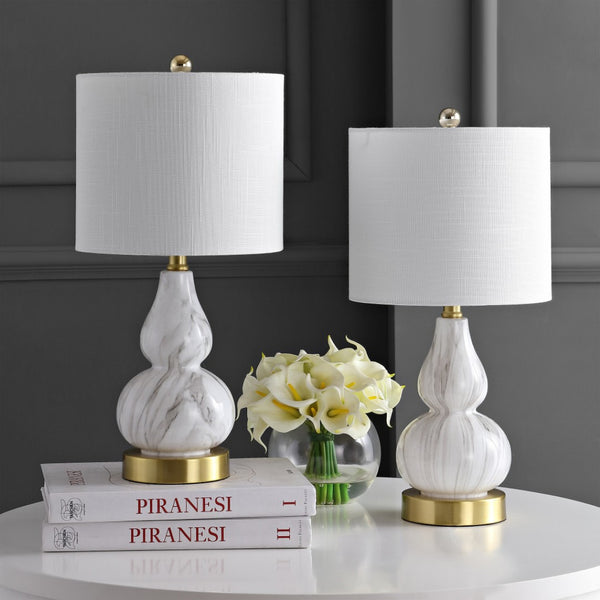 HomeRoots Set of Two Elegant 21" Gold Gourd Desk Lamps with Soft White Drum Shades for Stylish Illumination 715726
