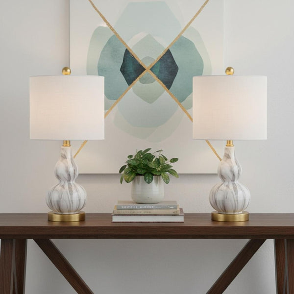 HomeRoots Set of Two Elegant 21" Gold Gourd Desk Lamps with Soft White Drum Shades for Stylish Illumination 715726