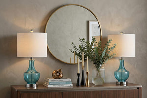 Set of Two Ceramic Gourd Table Lamps with Fabric Drum Shades for Bedroom Decor