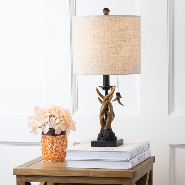 HomeRoots 21" Black Antlers Desk Lamp - Rustic LED Lighting with Linen Drum Shade for Home Office Elegance 715735