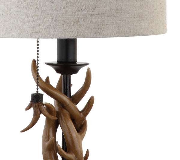 HomeRoots 21" Black Antlers Desk Lamp - Rustic LED Lighting with Linen Drum Shade for Home Office Elegance 715735