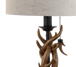 HomeRoots 21" Black Antlers Desk Lamp - Rustic LED Lighting with Linen Drum Shade for Home Office Elegance 715735