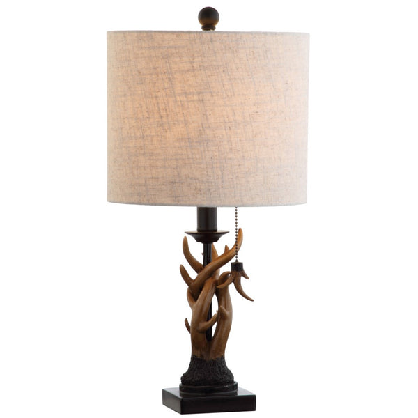 HomeRoots 21" Black Antlers Desk Lamp - Rustic LED Lighting with Linen Drum Shade for Home Office Elegance 715735