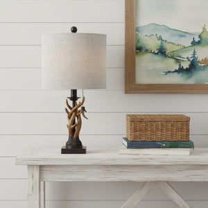 HomeRoots 21" Black Antlers Desk Lamp - Rustic LED Lighting with Linen Drum Shade for Home Office Elegance 715735