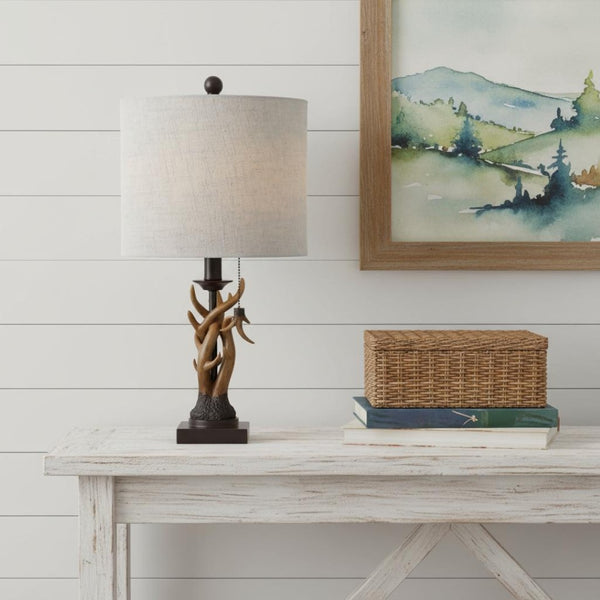 HomeRoots 21" Black Antlers Desk Lamp - Rustic LED Lighting with Linen Drum Shade for Home Office Elegance 715735