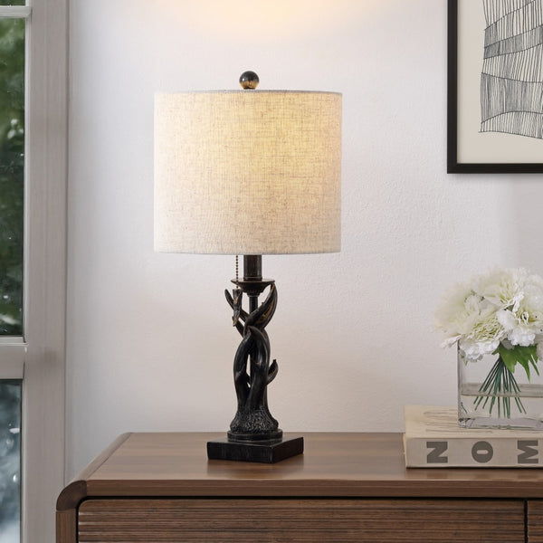 HomeRoots 21" Antiqued White Antlers Desk Lamp with Gray Linen Shade – Rustic Vintage Charm for Any Space 715736