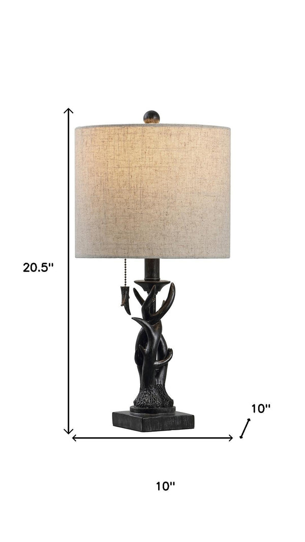 HomeRoots 21" Antiqued White Antlers Desk Lamp with Gray Linen Shade – Rustic Vintage Charm for Any Space 715736