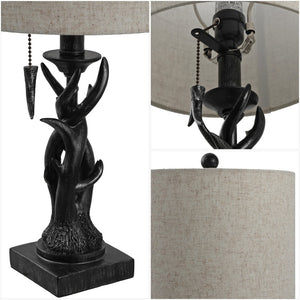 HomeRoots 21" Antiqued White Antlers Desk Lamp with Gray Linen Shade – Rustic Vintage Charm for Any Space 715736