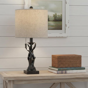 HomeRoots 21" Antiqued White Antlers Desk Lamp with Gray Linen Shade – Rustic Vintage Charm for Any Space 715736