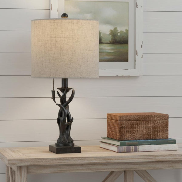 HomeRoots 21" Antiqued White Antlers Desk Lamp with Gray Linen Shade – Rustic Vintage Charm for Any Space 715736