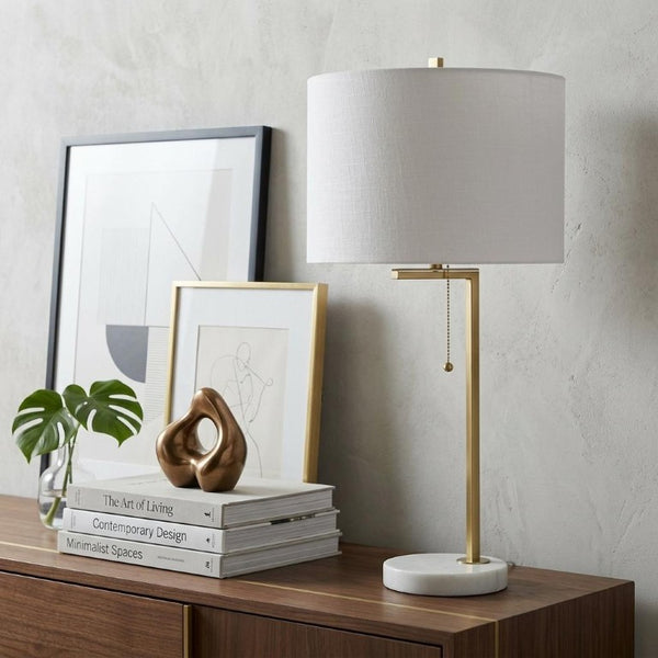 25 Inch Brass Finish Round Table Lamp with Elegant Drum Shade for Living Room Decor
