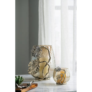 English Elm 9.8x8.5x10.8" Palm Motif Hurricane Holder Silver Aluminum Smoke Glass Mantel Decor W2078P490401