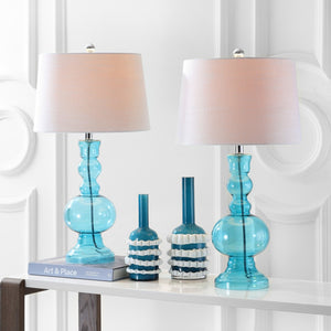 HomeRoots Set of Two 29" Clear Glass LED Table Lamps with Elegant White Drum Shades for Modern Decor 715758