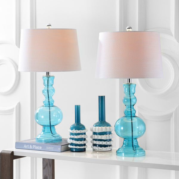 HomeRoots Set of Two 29" Clear Glass LED Table Lamps with Elegant White Drum Shades for Modern Decor 715758