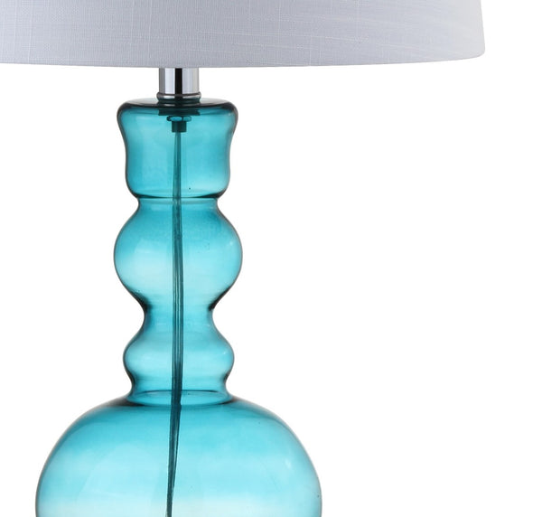 HomeRoots Set of Two 29" Clear Glass LED Table Lamps with Elegant White Drum Shades for Modern Decor 715758