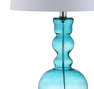 HomeRoots Set of Two 29" Clear Glass LED Table Lamps with Elegant White Drum Shades for Modern Decor 715758
