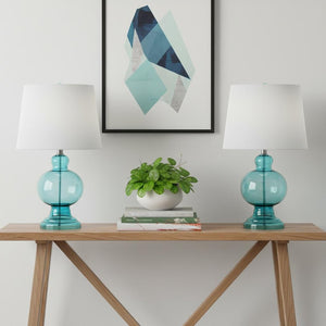 HomeRoots Set of Two 29" Clear Glass LED Table Lamps with Elegant White Drum Shades for Modern Decor 715758