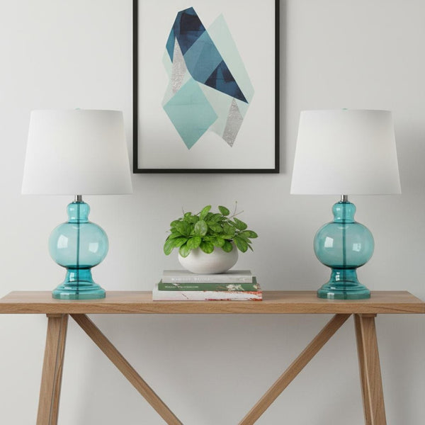 HomeRoots Set of Two 29" Clear Glass LED Table Lamps with Elegant White Drum Shades for Modern Decor 715758