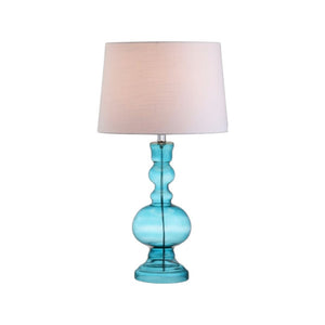 HomeRoots Set of Two 29" Clear Glass LED Table Lamps with Elegant White Drum Shades for Modern Decor 715758
