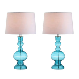 HomeRoots Set of Two 29" Clear Glass LED Table Lamps with Elegant White Drum Shades for Modern Decor 715758
