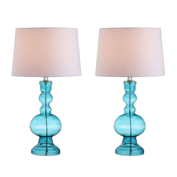 HomeRoots Set of Two 29" Clear Glass LED Table Lamps with Elegant White Drum Shades for Modern Decor 715758