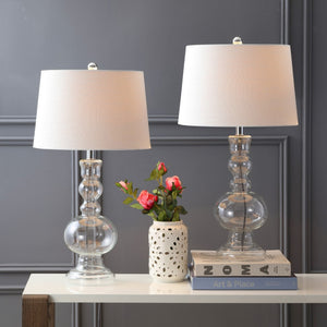HomeRoots Set of Two 29" Blue Glass Table Lamps with White Linen Drum Shades - Modern Lighting for Any Room 715759