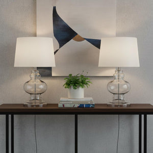 HomeRoots Set of Two 29" Blue Glass Table Lamps with White Linen Drum Shades - Modern Lighting for Any Room 715759