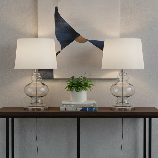 HomeRoots Set of Two 29" Blue Glass Table Lamps with White Linen Drum Shades - Modern Lighting for Any Room 715759
