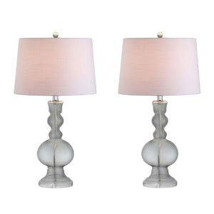 HomeRoots Set of Two 29" Blue Glass Table Lamps with White Linen Drum Shades - Modern Lighting for Any Room 715759