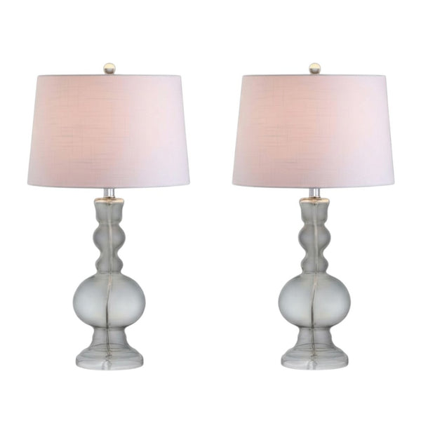 HomeRoots Set of Two 29" Blue Glass Table Lamps with White Linen Drum Shades - Modern Lighting for Any Room 715759