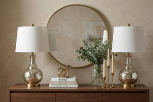 Set of Two Accent Table Lamps with Elegant Drum Shades for Glam Living Room Decor