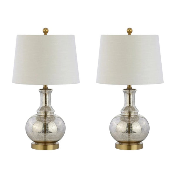 HomeRoots Set of Two Accent Table Lamps with Elegant Drum Shades for Glam Living Room Decor Silver 715767
