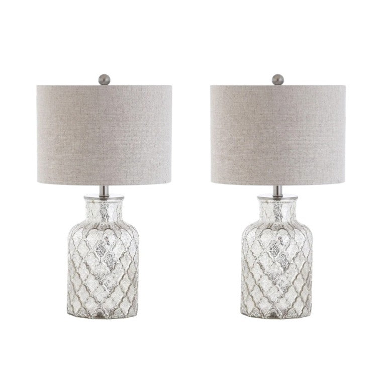 HomeRoots Set of Two Table Lamps with Fabric Drum Shades for Living Room Decor and Ambiance Silver 715778
