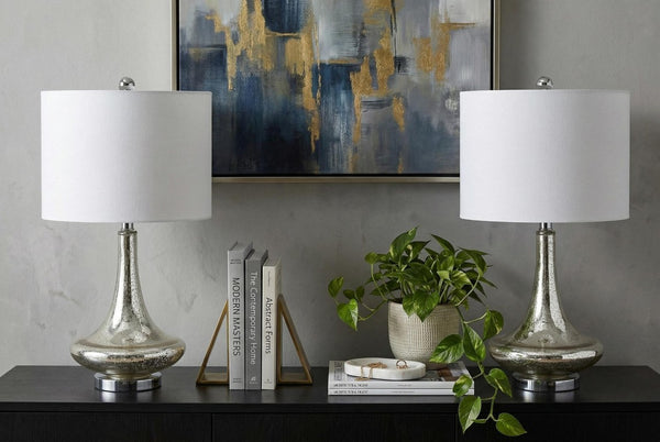 Set of Two Novelty Accent Table Lamps with Drum Shades for Stylish Home Decor Ambiance