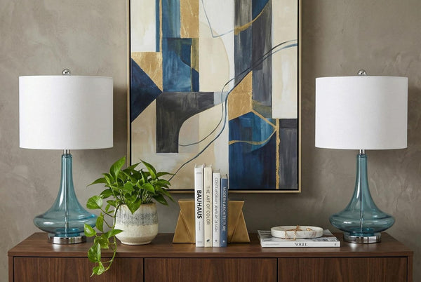 Set of Two Novelty Accent Table Lamps with Drum Shades for Stylish Home Decor Ambiance