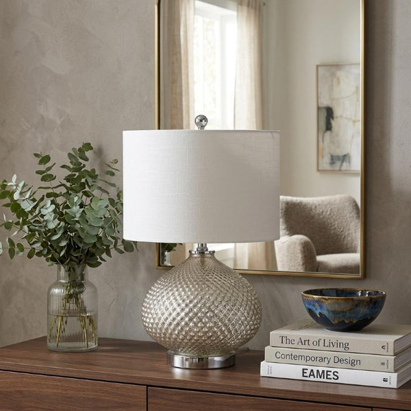 23 Inch Silver Round Drum Shade Table Lamp for Elegant Living Room Ambiance